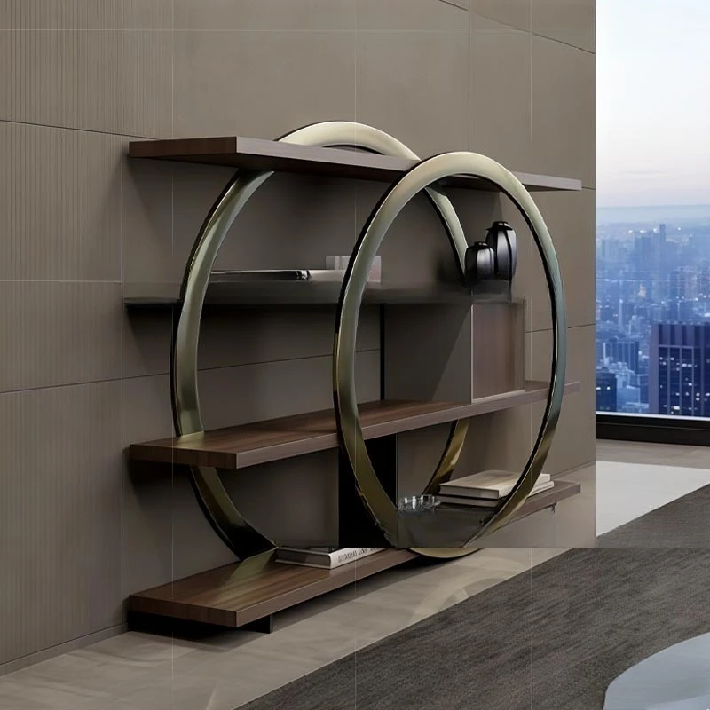 

Stainless steel bookshelf floor-to-ceiling against the wall Home shelf High-end creative solid wood multi-layer partition