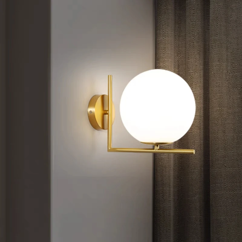 

Kobuc Modern Metal Wall Light Fixture with Round Glass Lampshade Golden Bedroom Lamp Balcony Lamp Living room Indoor Wall Light