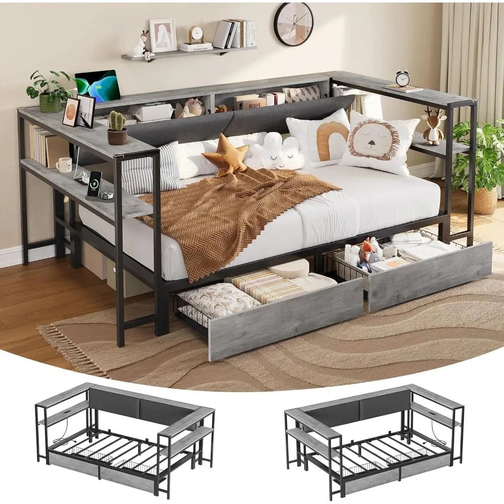 

Corner Twin Bed Frame with Charging Station, Twin Size Metal Platform Bed Frame with Storage Shelves&2 Drawers, Daybeds