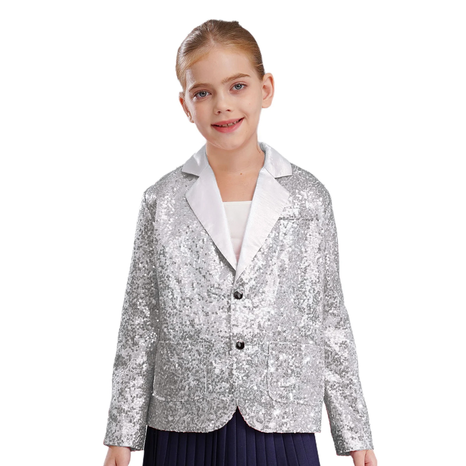 

Kids Boys Girls Glitter Sequins Blazer Jacket Notched Lapel Long Sleeve Suit Coat Wedding Party Ball Jazz Disco Dance Clothes