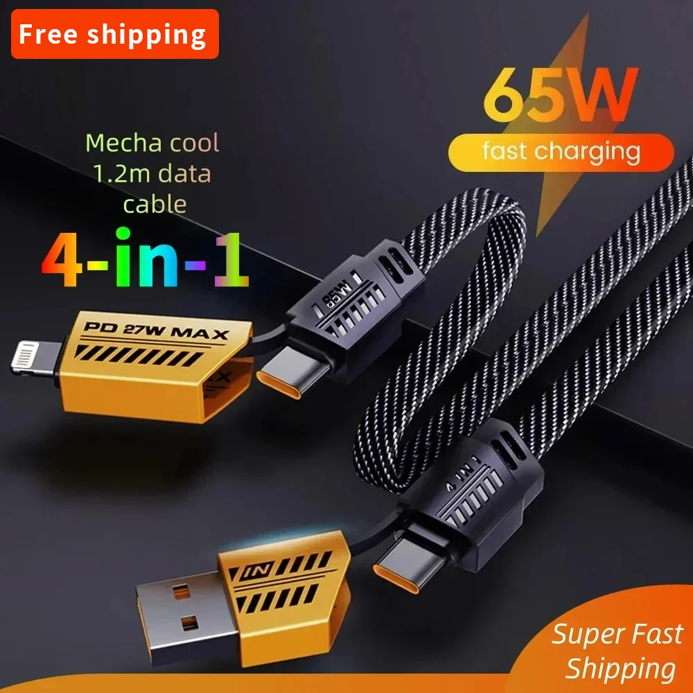 4-in-1 USB C Charging Cable 1m Type-C Connector Nylon Braided PD 65W 27W Fast Charging for IPhone Samsung Xiaomi Android