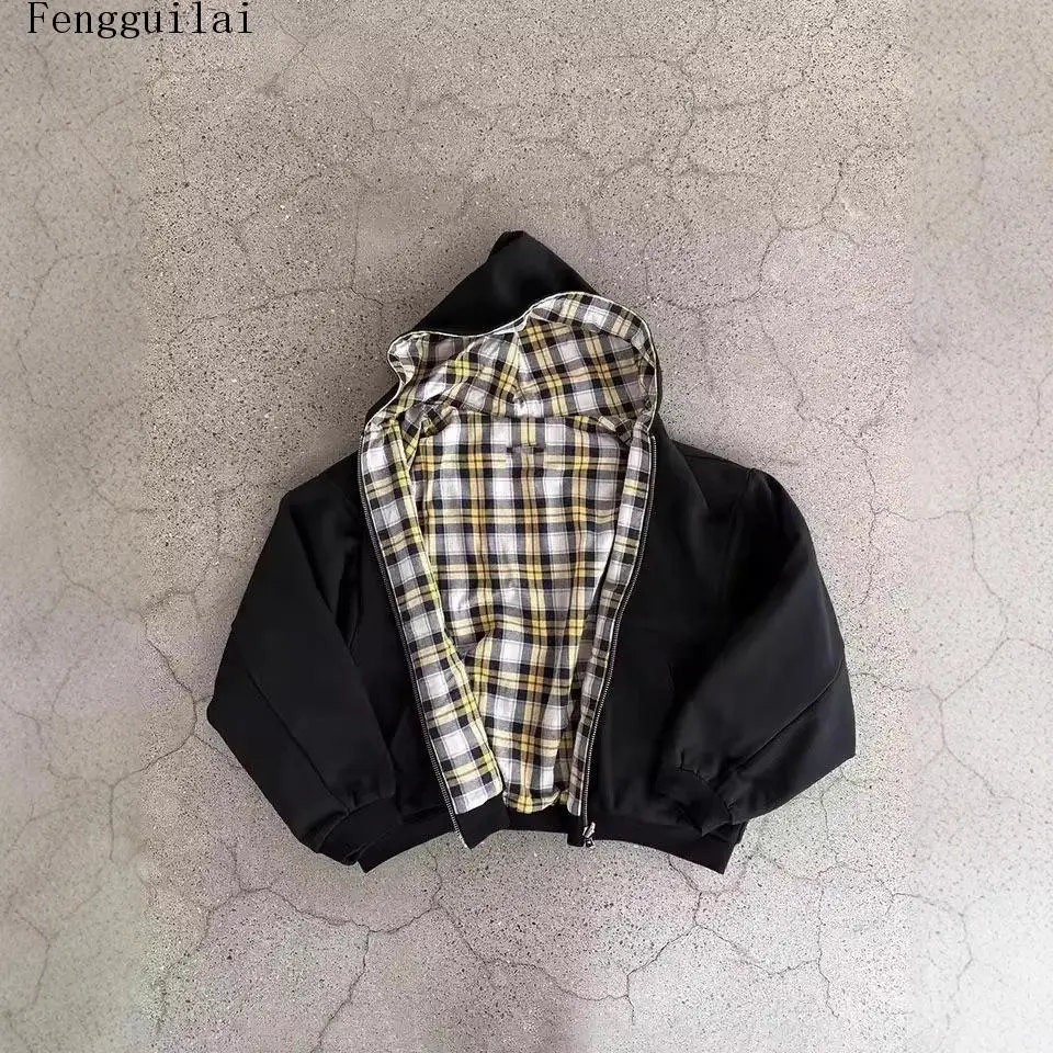 Ladies Casual Reversible Zip Hoodie Jacket Plaid Inner Lining Two Ways Wear Long Sleeve Hooded Cropped Coat