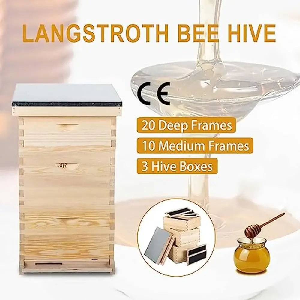 Langstroth Beehive Bee House 30-Frame Bee Hive Boxes Starter Kit with 10 Medium & 20 Deep Frames & Foundations Durable Fir Wood