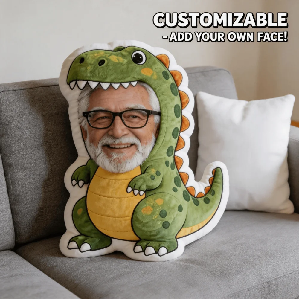 1Pc Personalized Custom Face Photo Cute Dinosaur Throw Pillow, Double-Sided Printed Design, Soft Plush Cushion with Insert