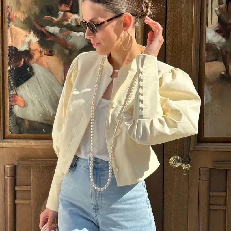 Elegant Puff Sleeve Shirt Fashion Solid Casual Cardigan Coat High Street Patchwork Slim Office Lady Women Shirt Jacket