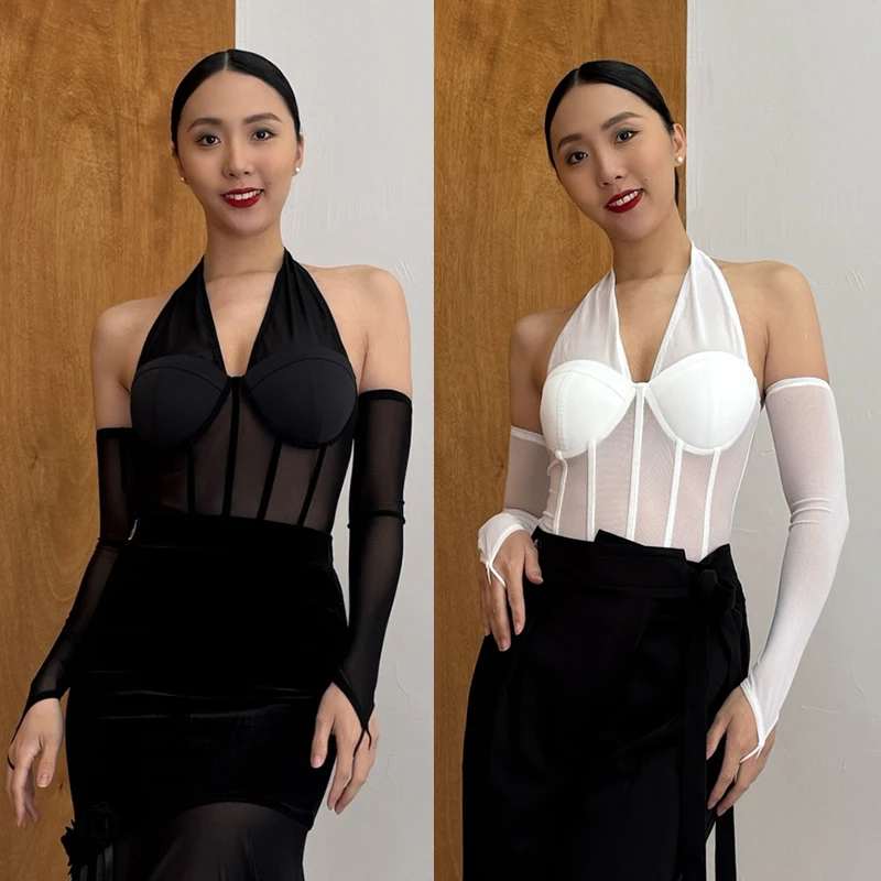 Latin Dance Tops Gloves Women Ballroom Dance Performance Clothes Halter Neck Leotards Latin Dance Competition Clothing BL17237