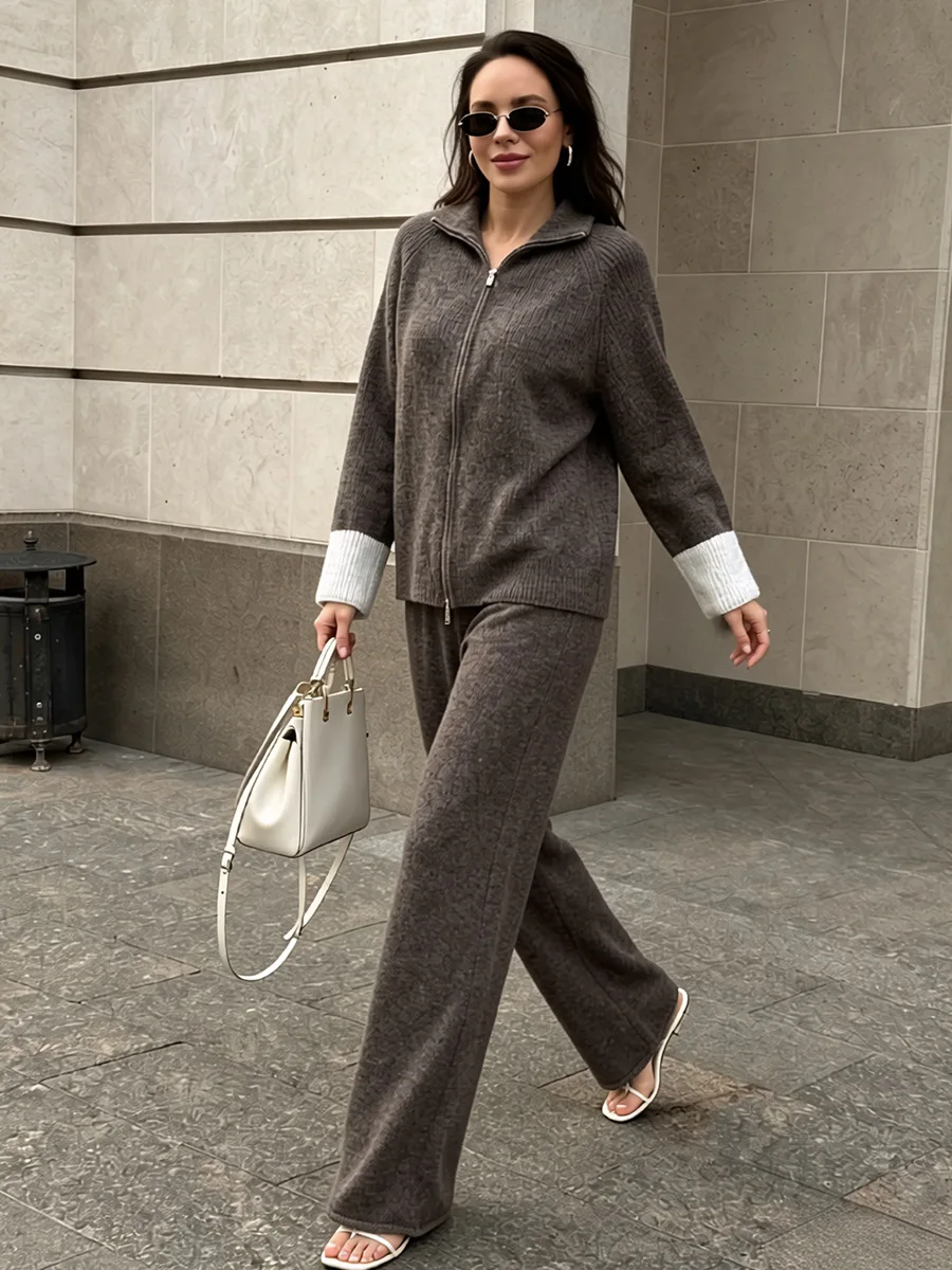 Women 2 PCS Knit Outfit, Zip Up Collar Color Block Cuff Knit Jacket + Flared Pants, Solid Brown Knitted Matching Set for Winter