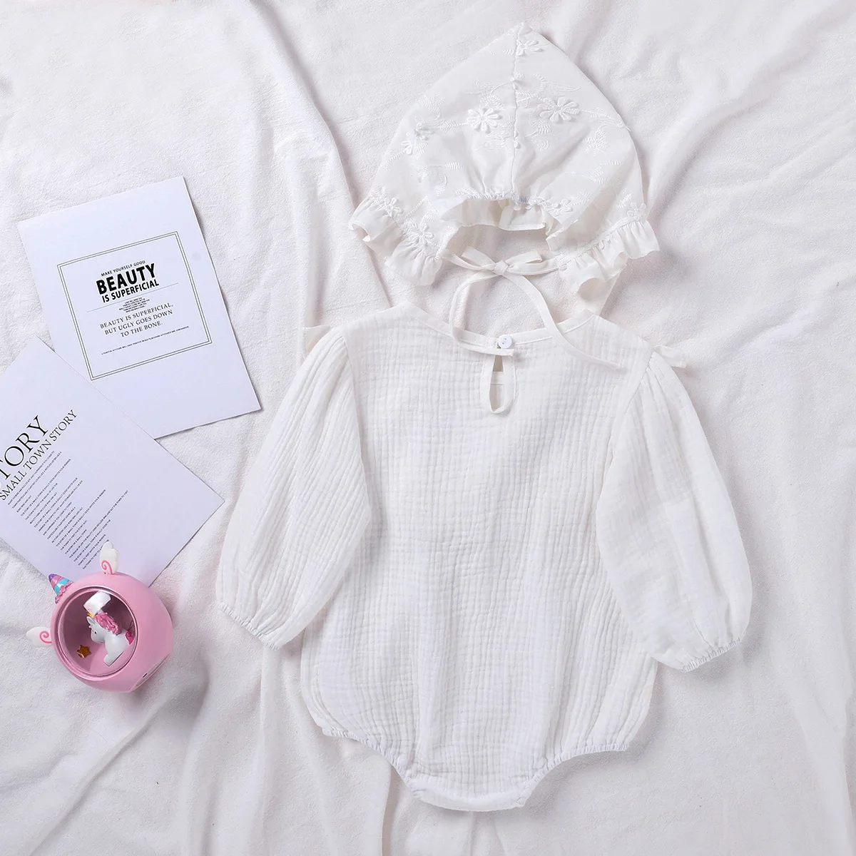 Mono de algodón con bordado de flores para niñas recién nacidas, manga larga, fruncido, 1 piezas, con sombrero, de 0 a 24 meses