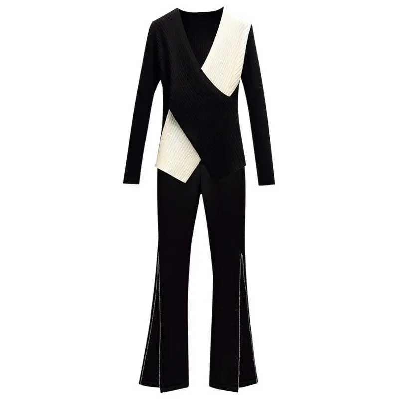 2022 Summer New Elegant Women\'s Pants Set Fashion Black and White Stitched Chiffon Coat Pants Two-piece Set Female Blouse