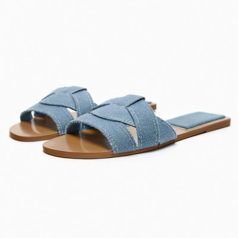 Blue Denim Flat Outside Wearing Lazy Slippers Women Slides 2024 Summer Open-toe Casual Fashion Sandals Beach Flip Flops Shoes