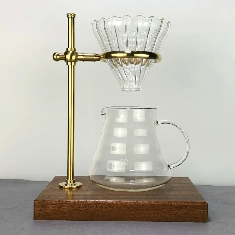 Manual Coffee Drip Stand Adjustable Height Pure Copper Frame with Ebony Wood Base Filter Holder Set for Home Brewing Kit Hand