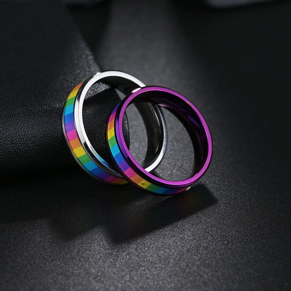 2024 New 6MM Cool Gothic 316 Titanium Steel Rainbow Multi Color Engagement Ring for Couples Christmas and New Year Gift