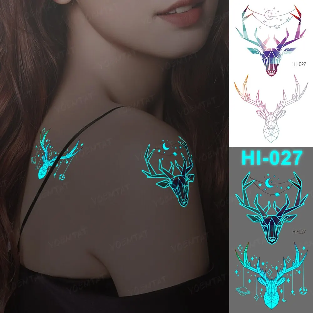 5PCS Luminous Waterproof Temporary Tattoo Sticker Antlers Feather Butterfly Snake Glow Flash Tatto Women Men Arm Fake Tattoos