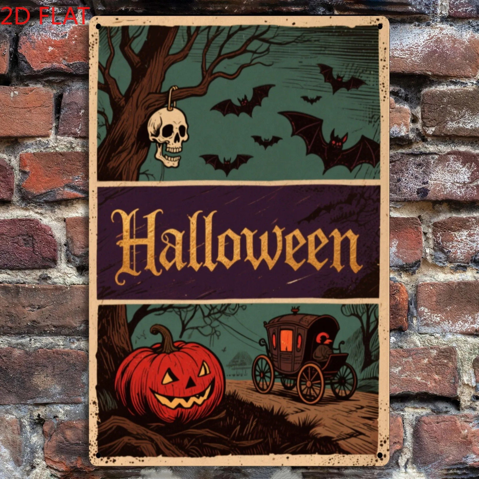 Halloween-Wanddekorschild aus Metall und Eisen – gruseliges Totenkopf-, Fledermäuse- und Kutschendesign mit auffälligem „Halloween“-Schriftzug – langlebig für den Innenbereich/O
