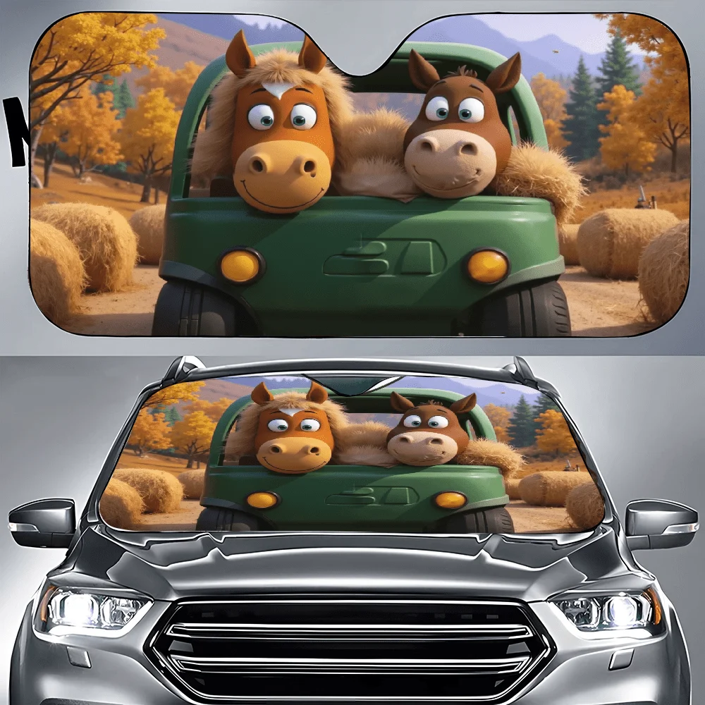 Couple Of Horses Sitting In The Back Of A Green Car - Durable Auto Sunshade For Front Window, Windshield Cover With Playful Hors
