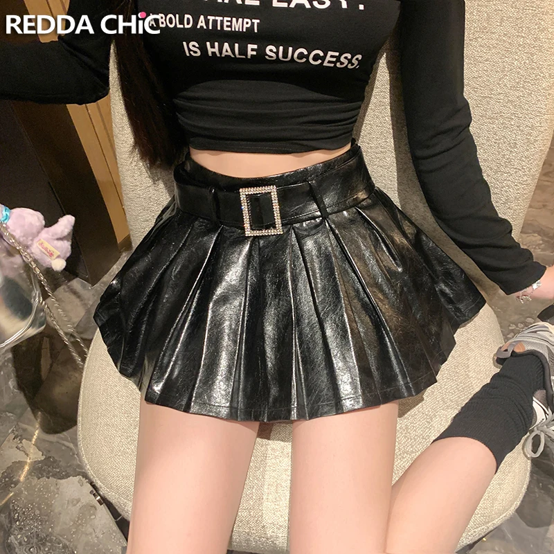 

ReddaChic Glossy Leather Black Pleated Skirt Women Diamond Belt Slim Casual High Waist A-line Mini Skirt Grunge Vintage Clothes