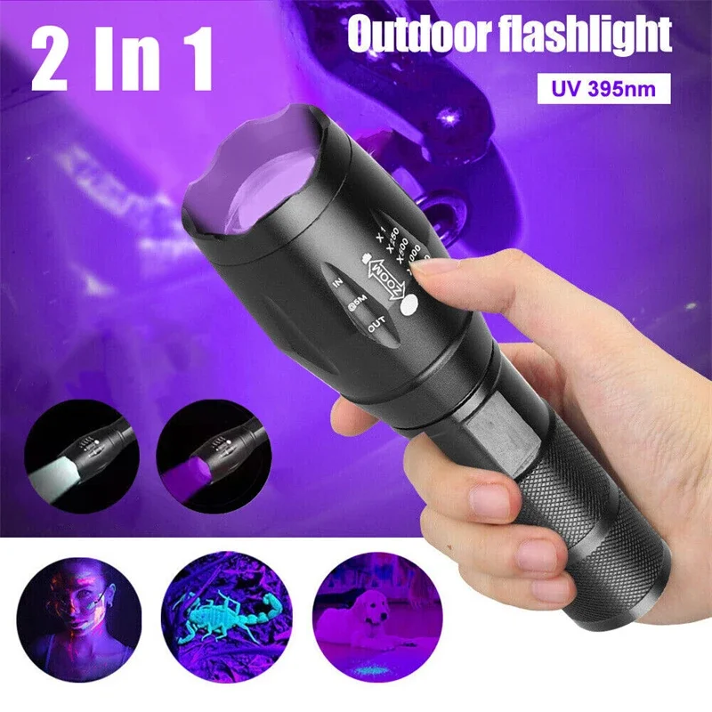 UV Flashlight Purple White Dual Light 395nm Ultraviolet Torch Zoom Flashlight Detection Lighting Lamp for Pet Stains Hunting