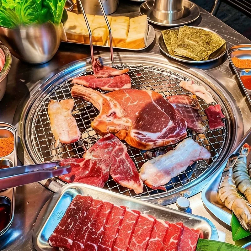 Large Commercial Korean BBQ Charcoal Grill - Up-Draft Round Stainless Steel Smokeless Barbecue Stove for Restaurant Use