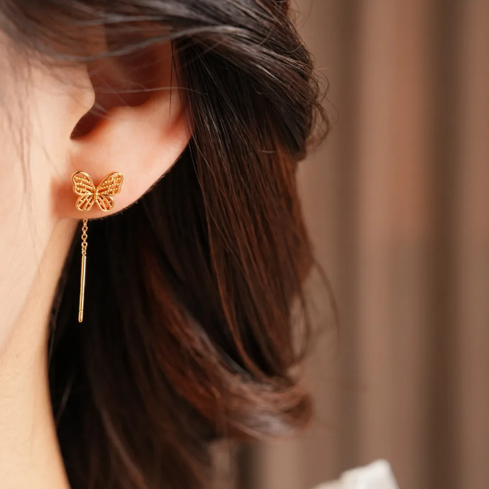 Retro Romantic Gold Tone Hollow Textured Butterfly Threader Dangle Earrings for Women Stylish Weekend Friend Gathering Jewelry