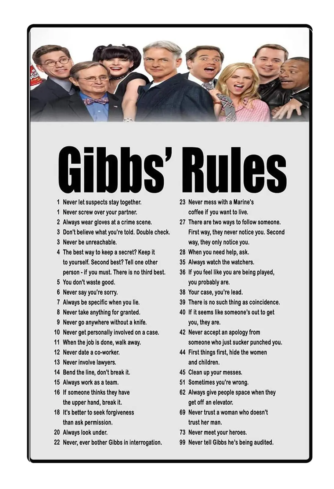 ICRAEZY NCIS Tin Sign Gibbs Rules Vintage Decorated Tin Sign 8x12 Inch Club Bar Garage Wall Art