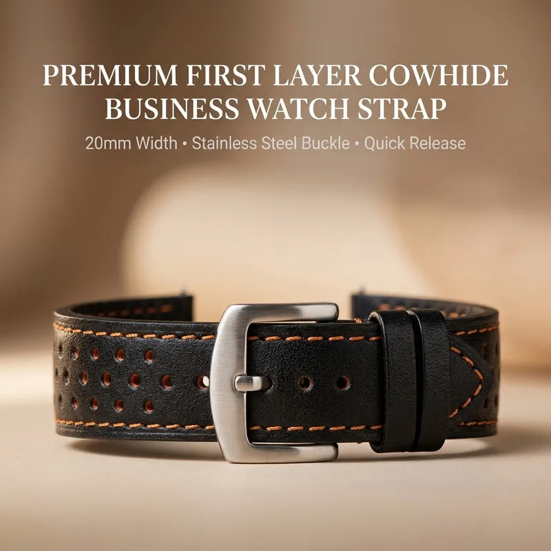 20mm 20CM Business Leather Watch Strap Autumn Wear Top Grain Cowhide Band Quick Release Stainless Steel Pin Buckle Replacement