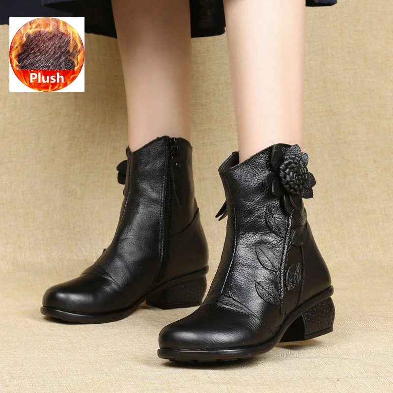 Genuine Leather Boots Woman Winter 2025 Round Toe Ankle Boot Female Low Heel Shoe Woman Short Booties Black Red