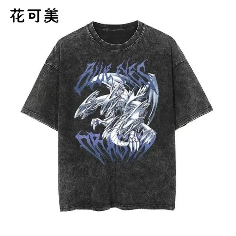 

Popular Japanese Anime Game Wang Shui Wash Old Vintage Short-sleeved T-shirt Pure Cotton Yu-Gi-Oh! Duel Monsters GameKing