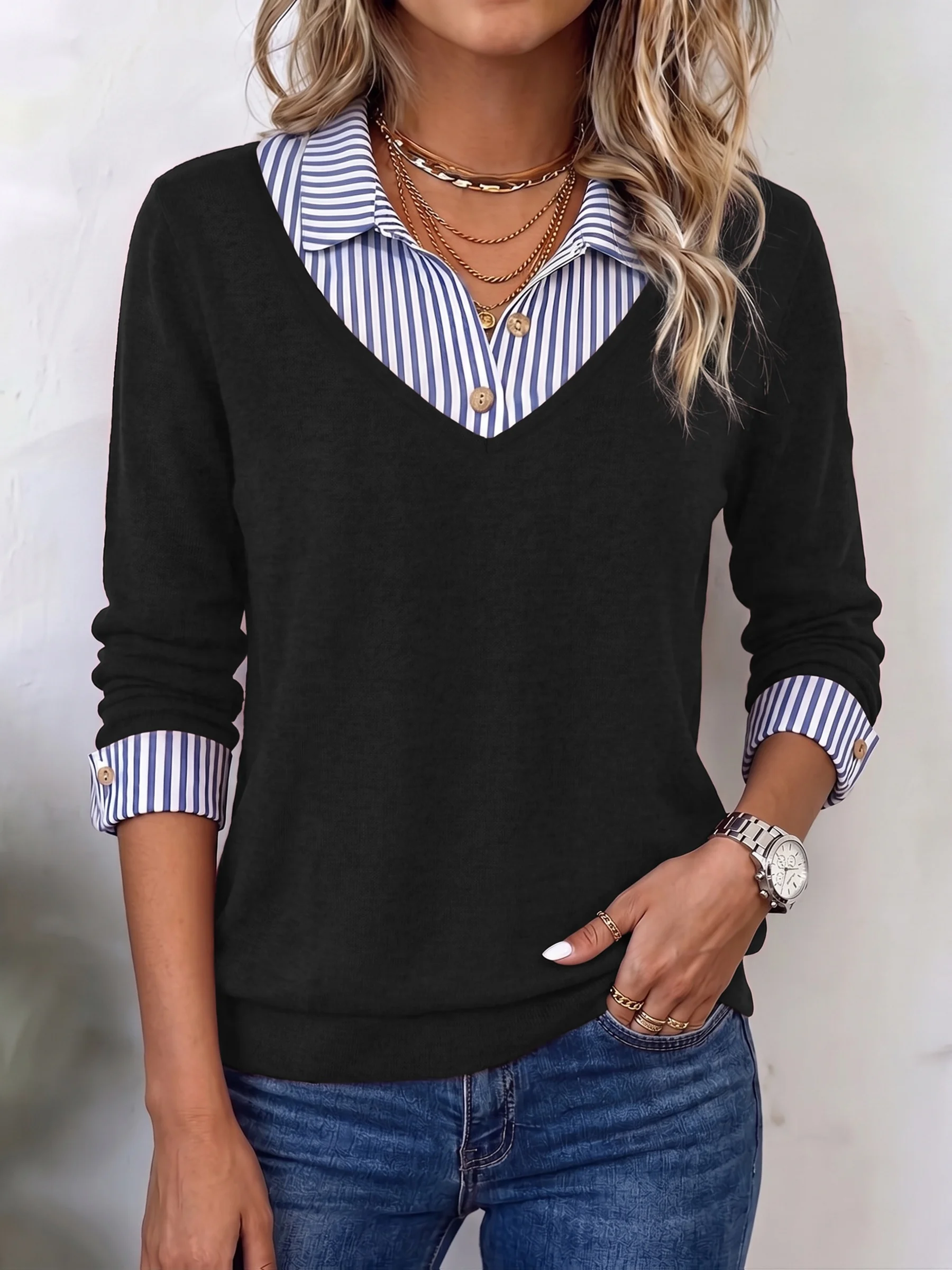 Elegant Plus Size Women's V Neck Layered Look Sweater for Chic Comfort