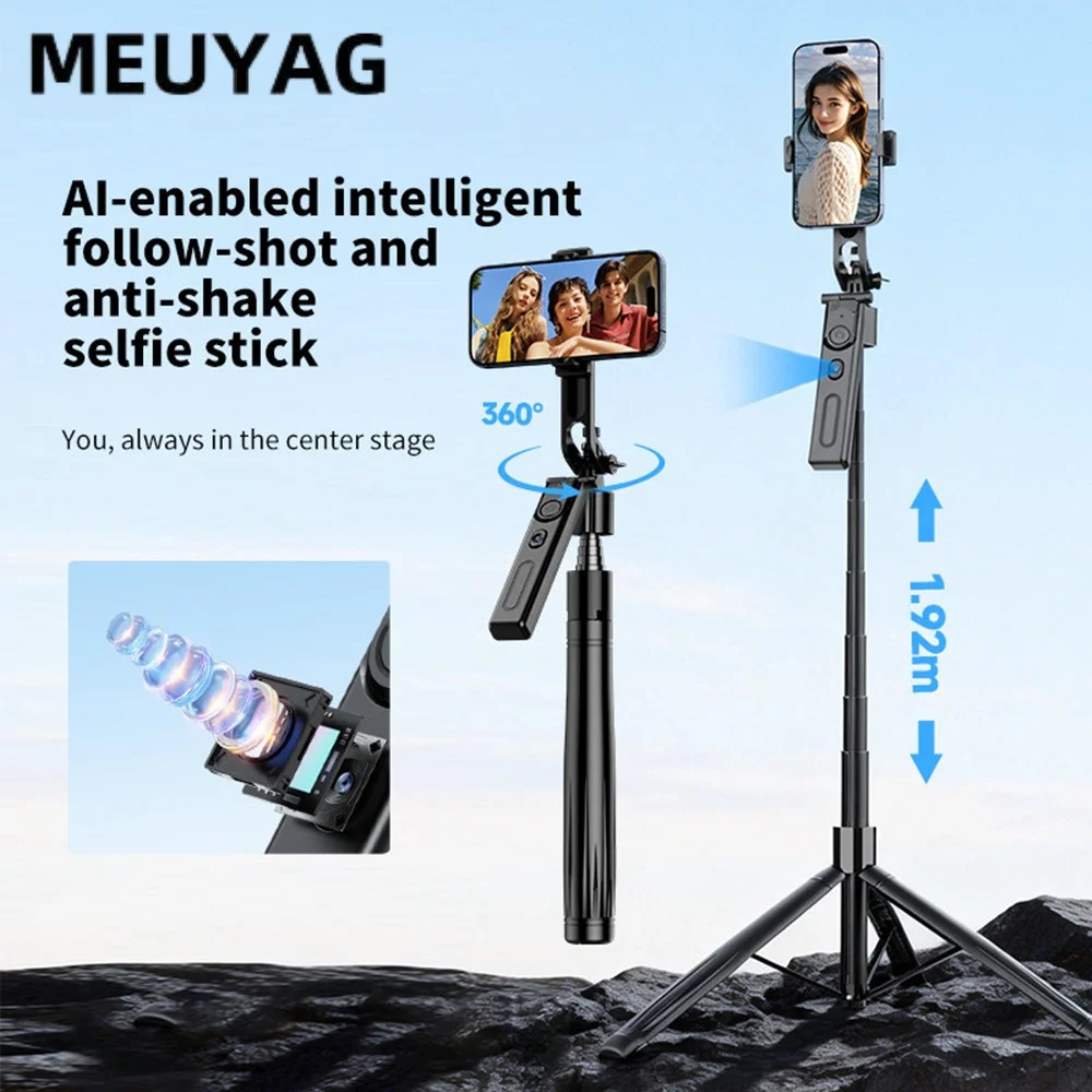 MEUYAG Support de téléphone pliable avec suivi IA, perche à selfie et trépied 360° °   Rotation automatique pour smartphones pour la prise de vue de vlogs