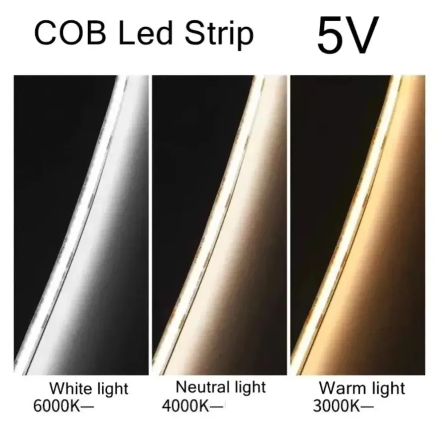 COB LED Strip Light 320LEDs/m DC5V with USB Power Supply High-Density Flexible Lighting 3000K/4000K/6000K Indoor Light Strip