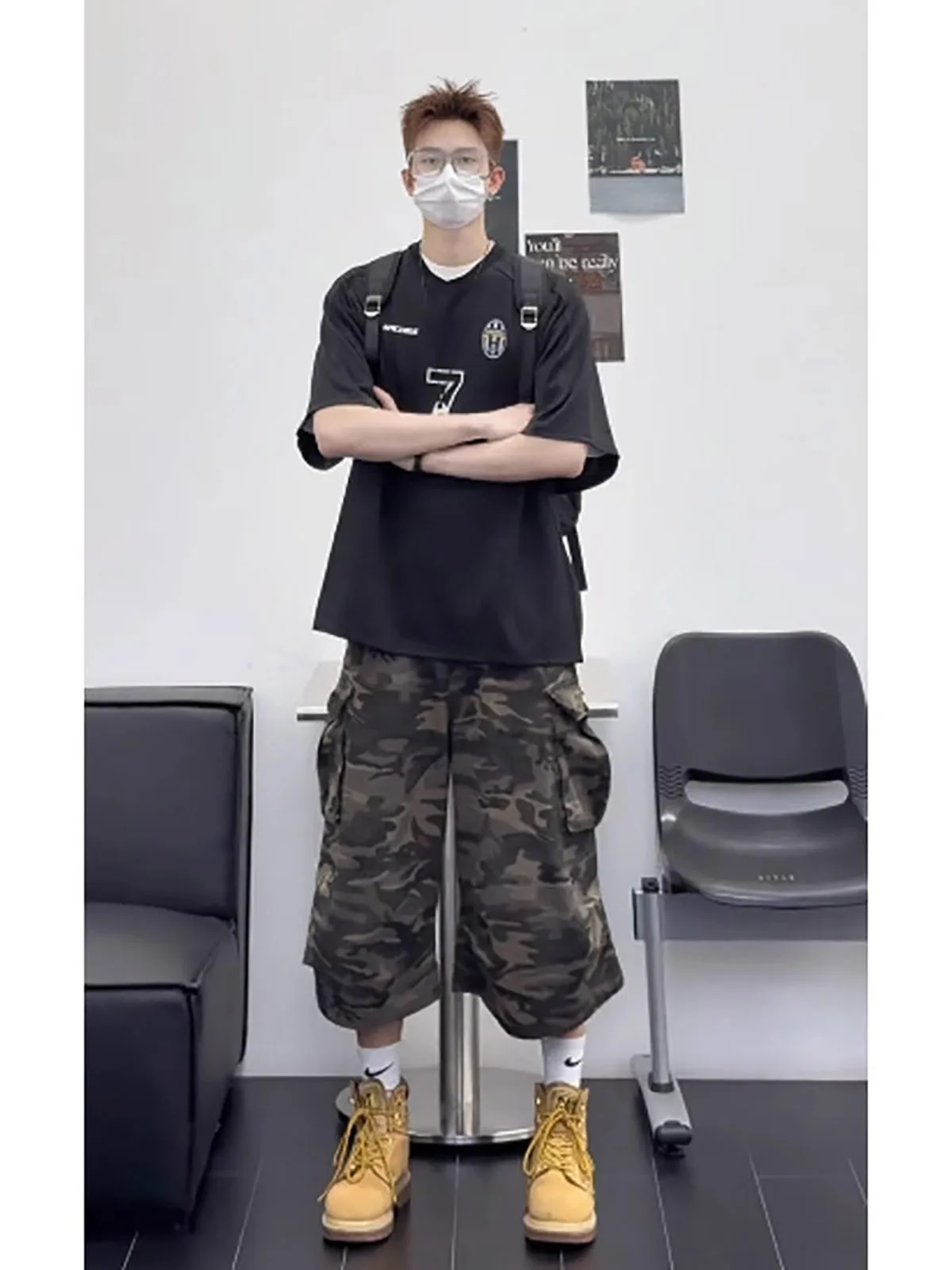 American Cleanfit Camouflage Seven-Quarter Denim Shorts Straight Leg Multi-Pocket Workwear Pants Wide Leg for Teenage Boys