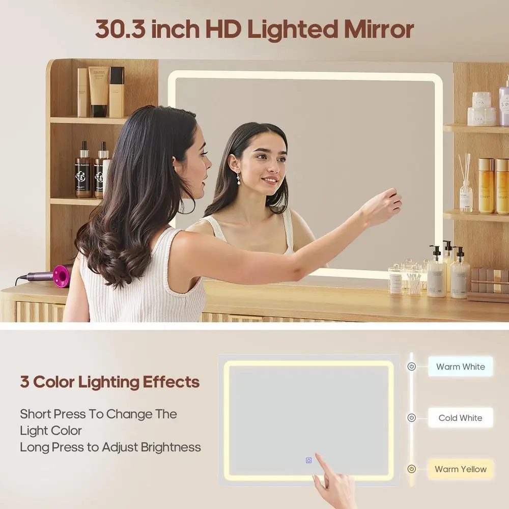 51.2 Fluted Makeup Vanity Desk with Large Mirror and Lights, Oak 5 Drawer Vanity with Power Strip, 6 Open Shelves, 2 CabinetMod