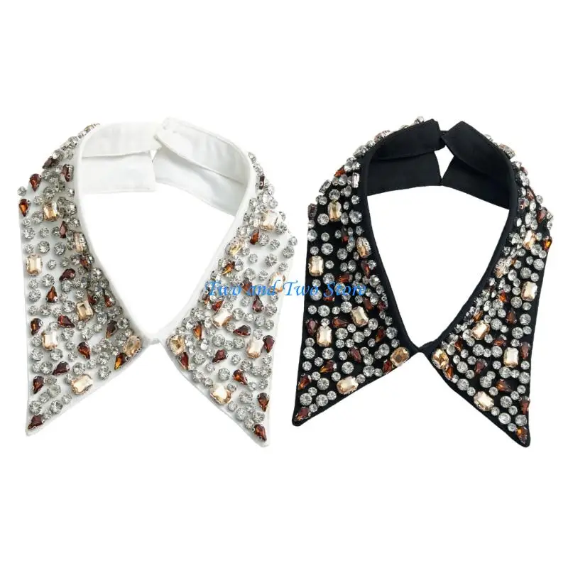 HX6F Rhinestones Studded Faux Collar Insert Pointed Collar For Women Blouses Sweaters