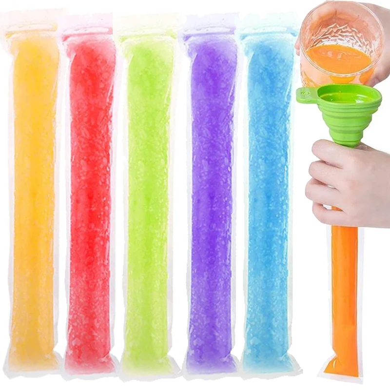 Disposable Ice Popsicle Bag Ice Pop Mold Bags Ice Cream Sticks Freezer Tubes with Silicone Funnel for Fruit Yogurt Smoothies Bag