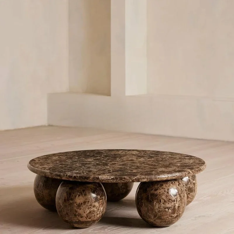 Modern round marble coffee table living room luxury natural dark coffee side table set with 5 balls