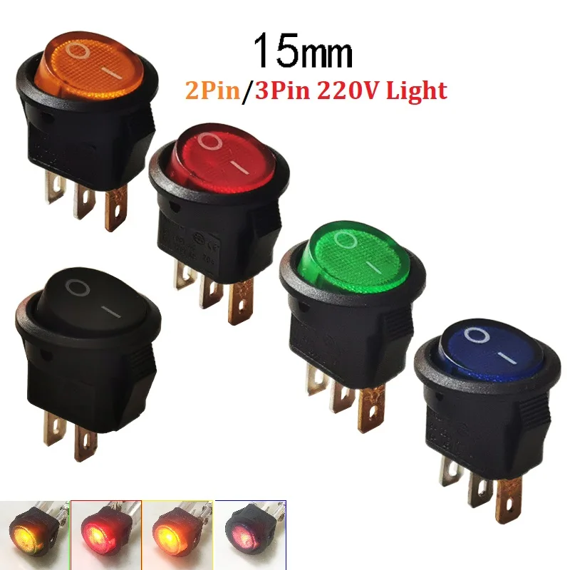 15mm Mini Round Rocker Switch 3Pin illuminated 220V Light Dashboard Power On Off Switch Panel Indication Switch