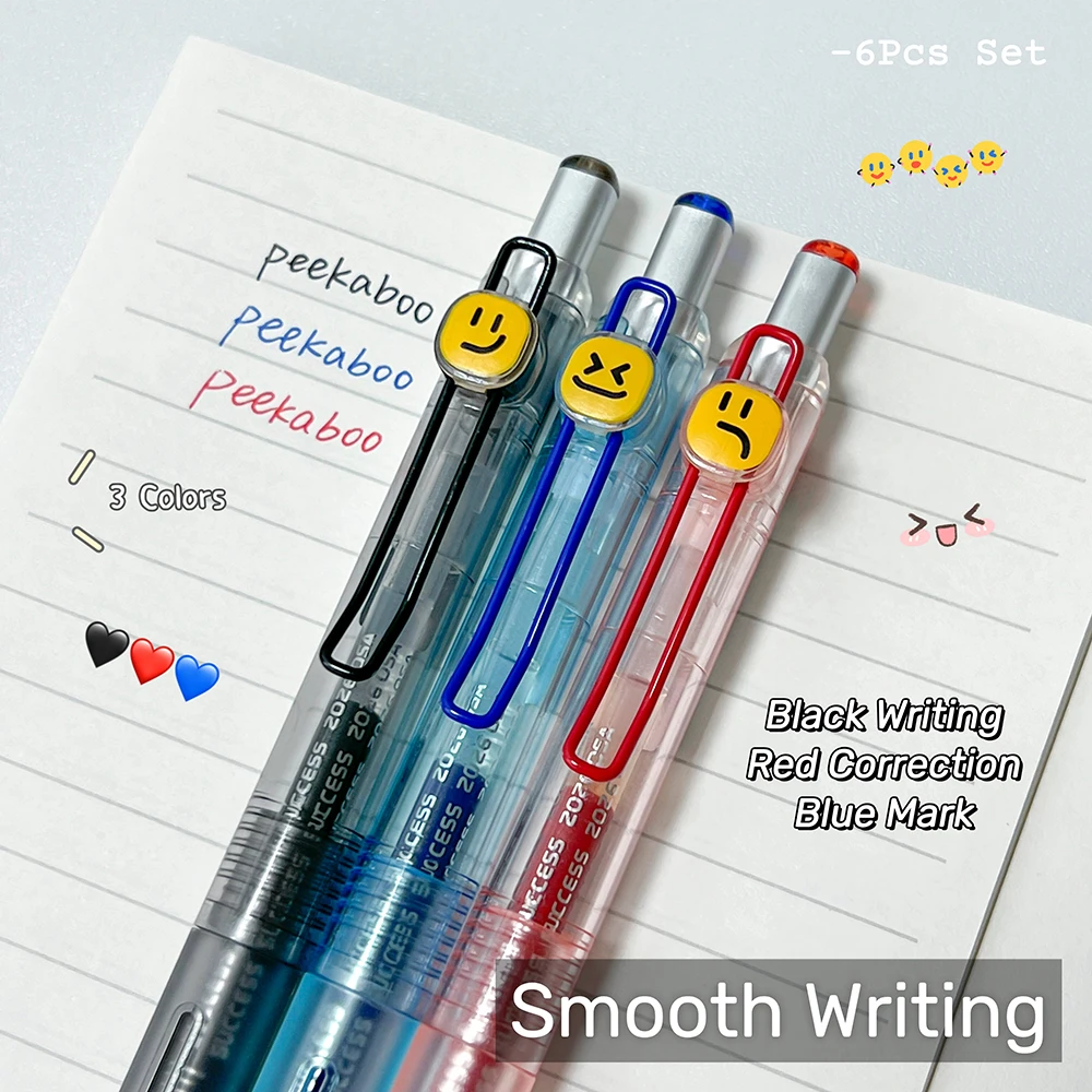 6 Pcs/Set Black Red Blue 3 Color Gel Pen 0.5mm Creative Emoji Quick Dry Pen With Metal Clip and Smooth Writing For Office Use