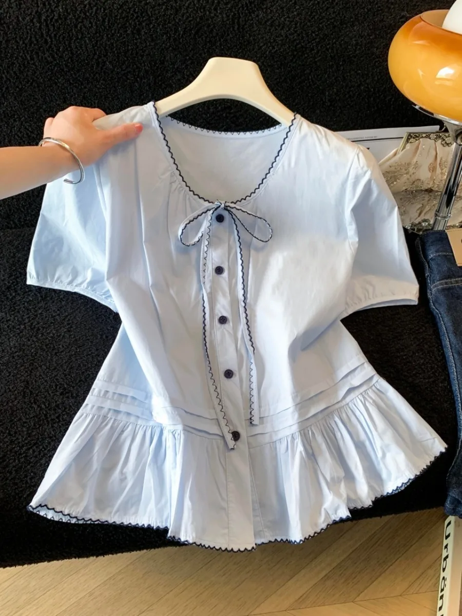 

Summer Short Sleeve Ruffle Tie Shirt Women's Cute Doll Style Pretty Skirt Doll Top Korean Loose Fit Bubble Sleeve round Neck