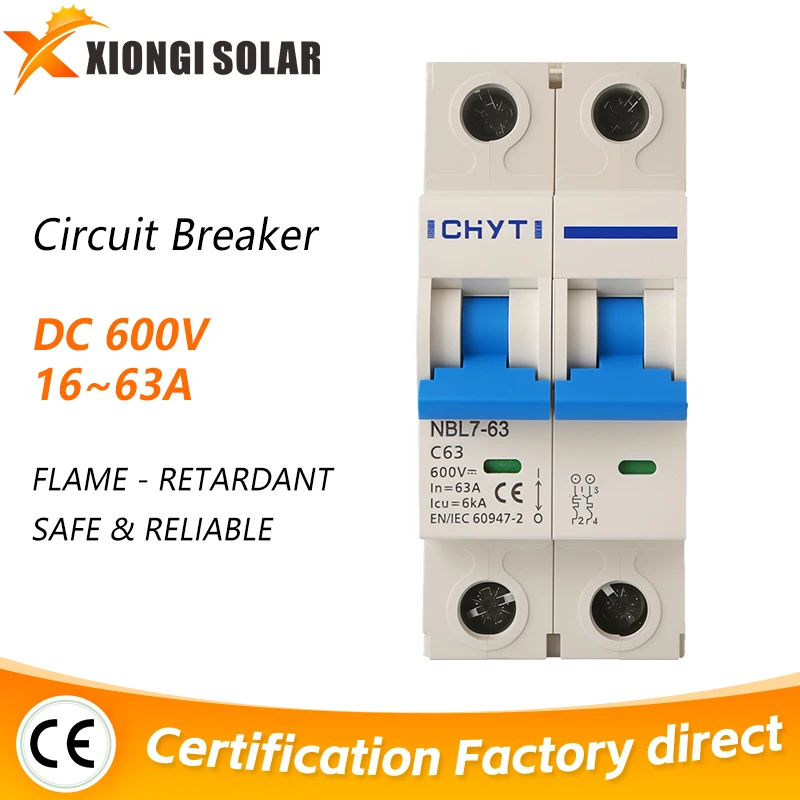 

XIONGISOLAR 2P 600V 63A PV Миниатюрные автоматические выключатели DIN-рейка DC 1000V 16A 25A 32A 40A 50A Мини-выключатель MCB для солнечной энергии