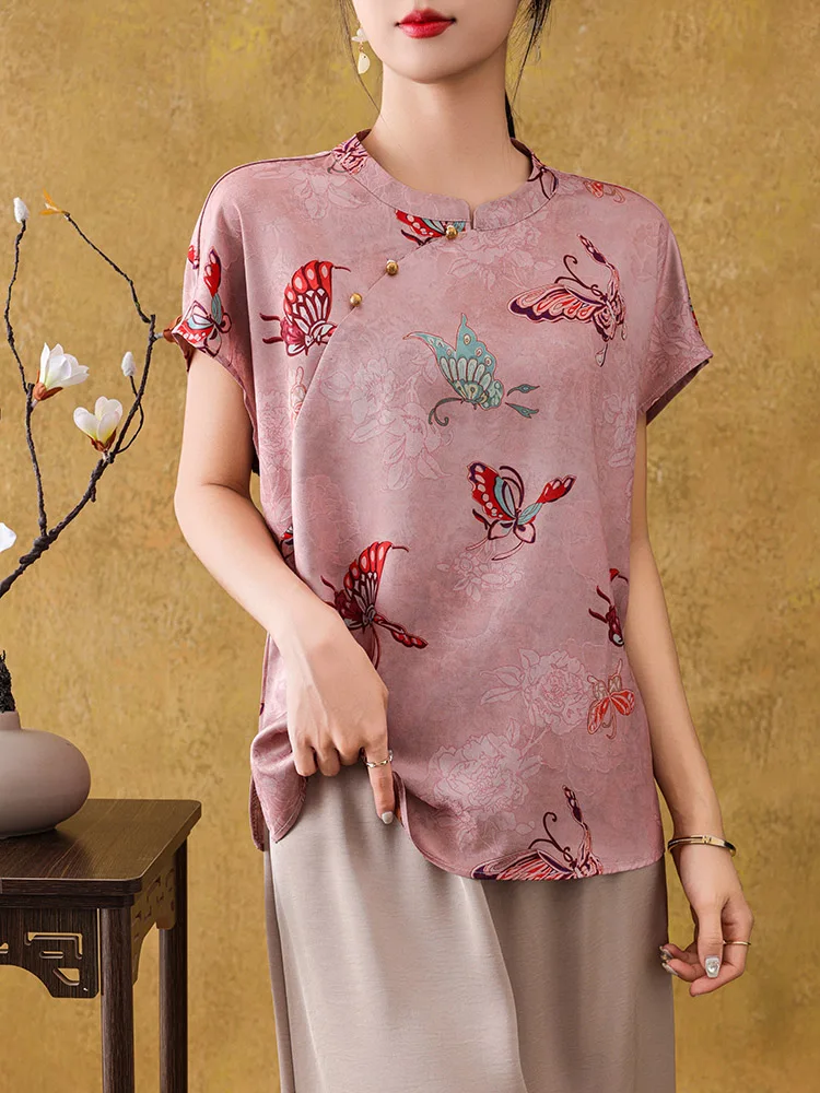 Summer 2026 New Chinese Style Shirt Women's Short Sleeve Side Buttoned Commute Vintage Top Floral Print Stand Collar Straight...