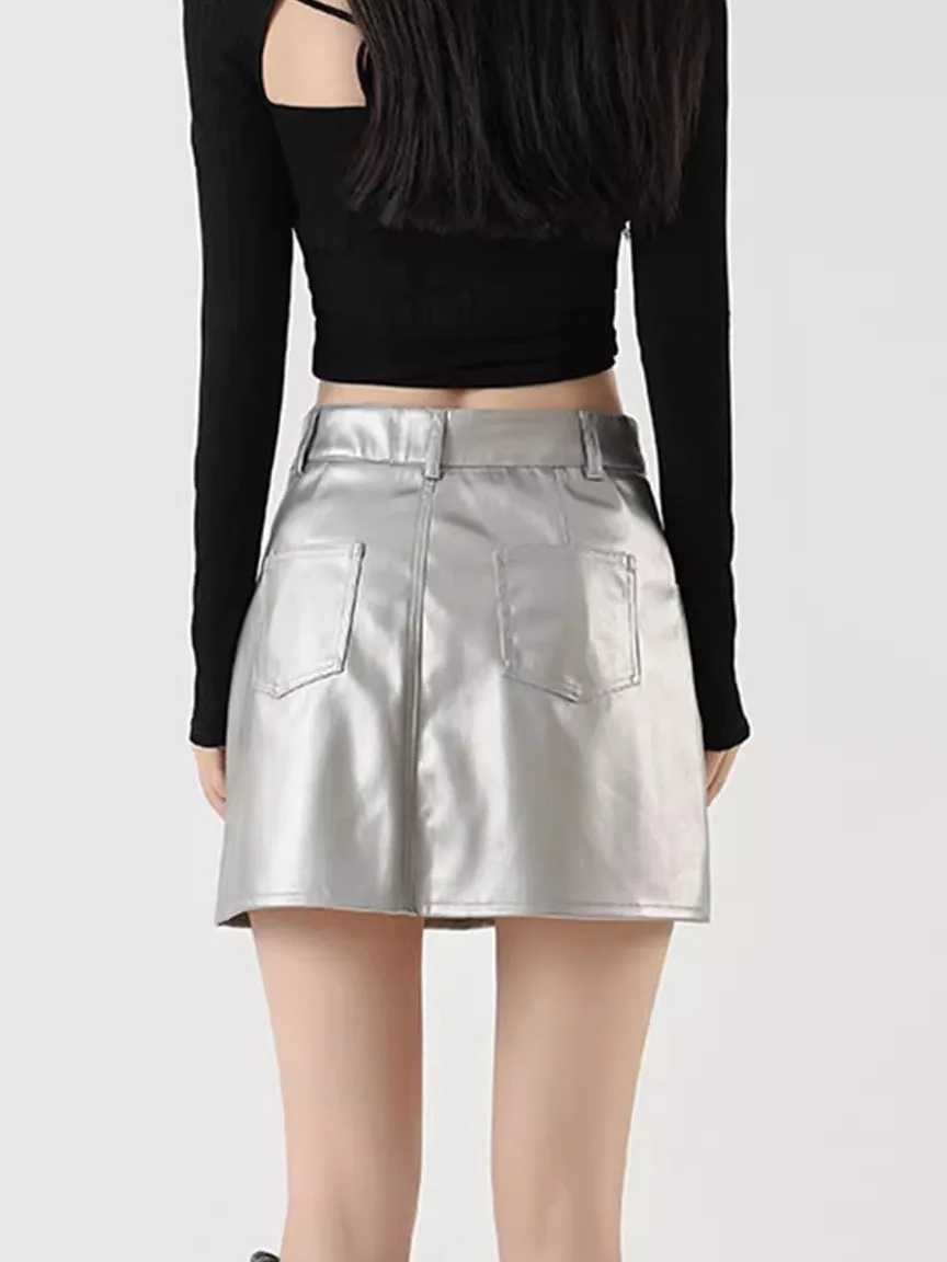 Silver PU Leather  Skirt Women's High Waist Slim Fit A-Line Short Skirt Sexy Style Spring New Arrival for Young Ladies