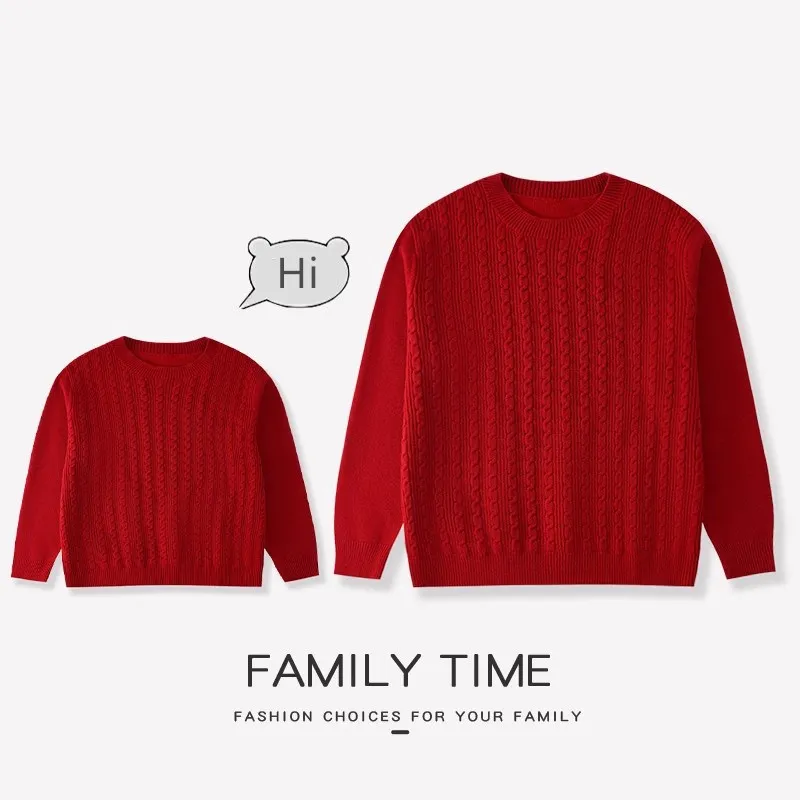 New Year Family Matching Red Knit Clothes Christmas Mother and Daughter Knitted Cardigan Father and Son Children Sweater Jumper