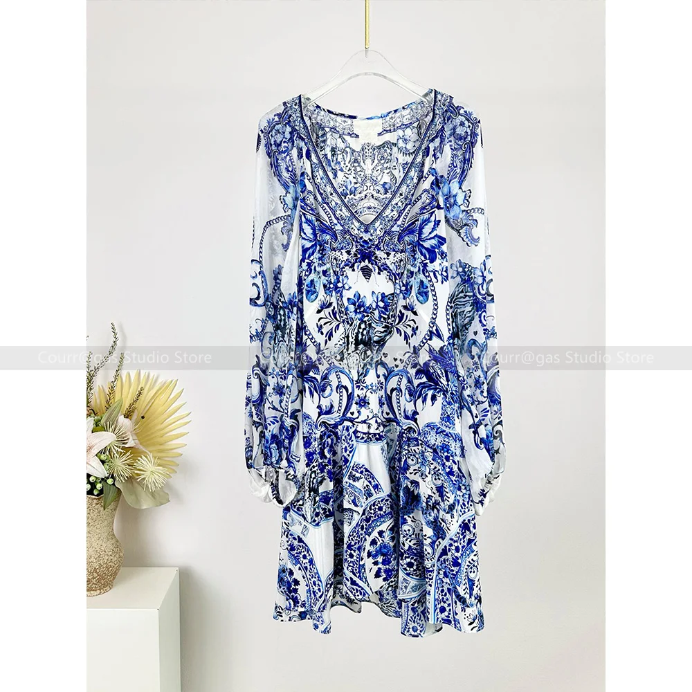 

Australian Niche Noblewoman Silk V-Neck Long Sleeve Blue Printed Short Resort Dresses