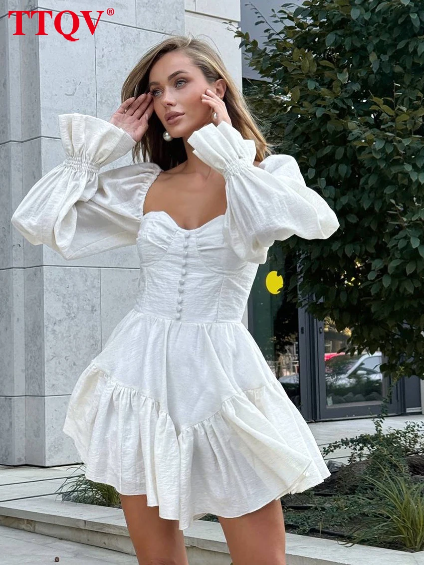 

TTQV Sexy Slim White Women's Dress 2026 Fashion Square Collar Long Sleeve Mini Dresses Elegant Classic Pleated Femlae Dress