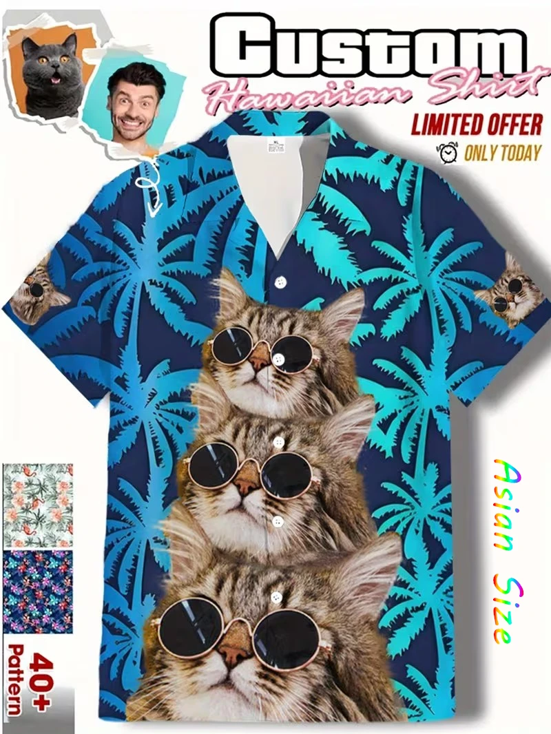 

Горячие рубашки с рисунком кошачьего лица для одежды унисекс, забавный дизайн, блузка с лацканами, бесплатная пляжная рубашка с индивидуальным лицом, 2026 Праздничная Гавайская Camisa