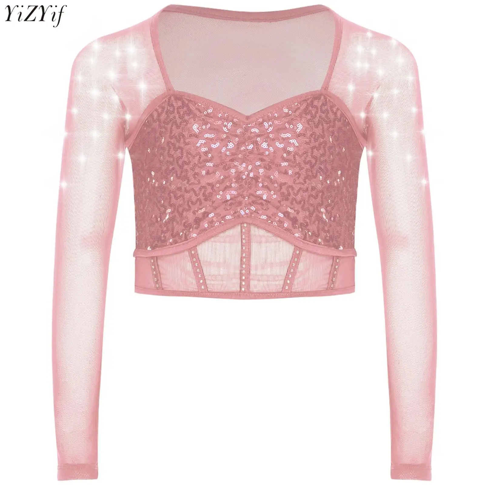 

Kids Girls Sequins Rhinestones Jazz Ballet Dance Performance Costume Sheer Mesh Patchwork Sweetheart Neck Long Sleeve Crop Tops