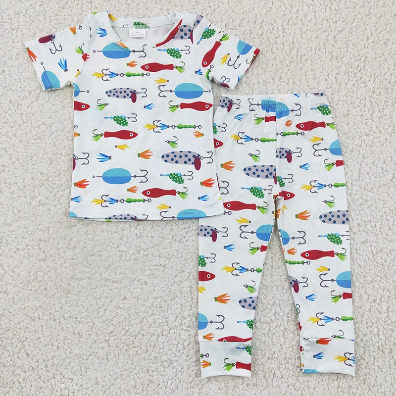 Baby Boy Fishing Sleepwear Baby Kid Short Sleeves Shirt Tee Set Toddler Outfit Nightclothes Children Pants Spring Fall Pajamas