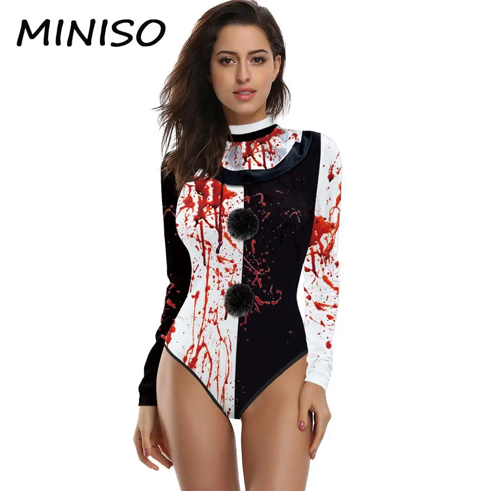 Cosplay Terrifying Clown Long Sleeved Costume 3D Printing Performance Halloween Swimsuit Swimwear Swimming Pool Party Swimsuit