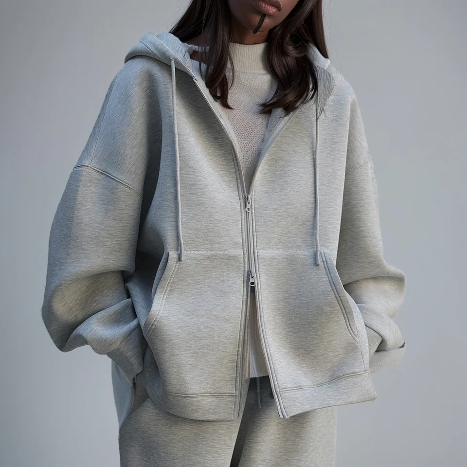 

Womens Set Korean style Silhouette Air Layer Hooded Sweater Pants Casual Zipper Jacket Drawstring Wide Legs Pants Two-piece Suit