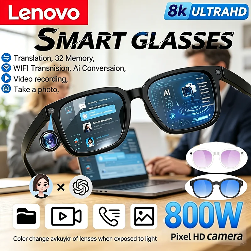 Lunettes Intelligentes IA Lenovo avec Caméra HD 8MP, Prise de Vue 8K, Traduction IA, Enregistrement d'Appels Bluetooth, Musique, Lunettes de Soleil Intelligentes, Cadeaux 2026